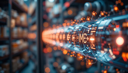 Wall Mural - Futuristic technology display with glowing elements and data visualization