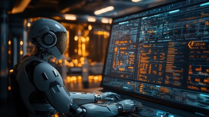 Robot programmer working on futuristic computer.