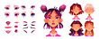 © klyaksun - Face constructor set with cartoon girl expressions, eyes, lips, eyebrows variations and hairstyle options. Cartoon woman character portrait creator kit. Young female avatar diy building elements.