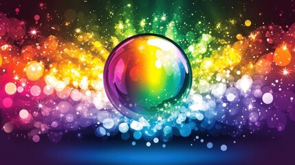 Wall Mural - A shimmering disco ball reflecting rainbow colors on a vibrant dark background filled with sparkles and glowing lights