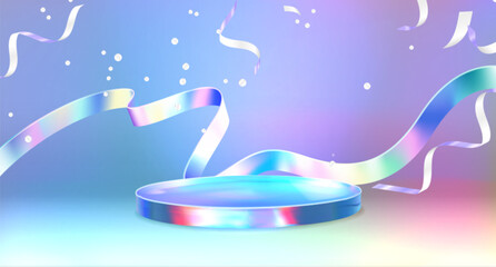 holographic 3d round podium with floating confetti, ribbons in iridescent colors. luminous platform 