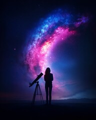 Aufkleber - Ethereal Night Sky Gazing Silhouette with Telescope under Vivid Milky Way - STEM Education and Space Exploration Inspiration