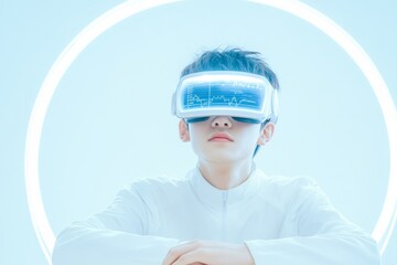 Poster - Cyan-Futuristic Virtual Reality Interface Young Professional with VR Headset at Minimalist Workstation Tech Innovation for Remote Collaboration and Digital Business Efficiency