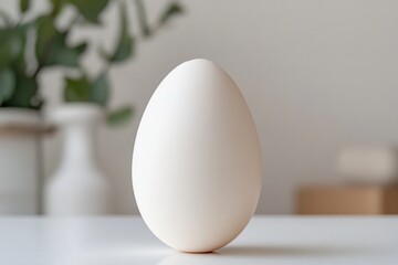 Poster - Minimalist Egg Sculpture on Sleek White Surface with Soft-Focus Greenery - Modern Art Display for Contemporary Interior Design and Lifestyle Branding
