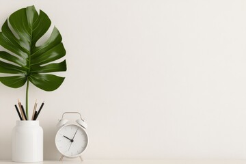 Aufkleber - Minimalist Study Nook Monstera Leaf, Elegant Clock and Modern White Vase with Pencils - Contemporary Educational Design for Workspace Creativity and Academic Focus