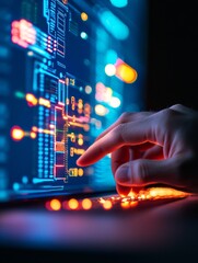 Fototapete - Futuristic Data Interface Hand Interacting with Neon Control Panel for High-Tech Data Centers - Cutting-Edge System Management and Digital Operations Enhancement