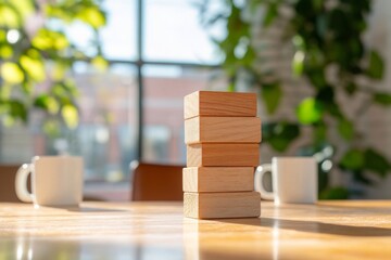 Poster - Modern Workplace Relaxation Wooden Jenga Blocks on Polished Table with Sunlit Greenery - Stress Relief Strategy for Collaborative Office and HR Resource Engagement