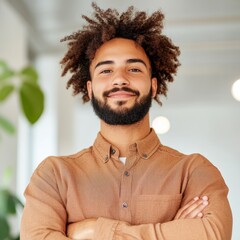 Poster - AI-Powered Work Culture Casual Office Style with Relaxed Young Man, Airy Design - Boosting Workplace Morale and Team Cohesion in Modern Business Environments
