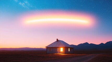 Poster - Futuristic Cosmic Aesthetics Glowing UFO Hovering Above Remote Cabin in Starry Mountainscape - Digital Marketing Visuals and Immersive Sci-Fi Storytelling
