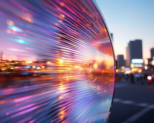 Aufkleber - Futuristic Urban Light Display Holographic Prism Textures Reflecting Cityscape - Innovative Visual Art for Modern Urban Planning and Digital Marketing