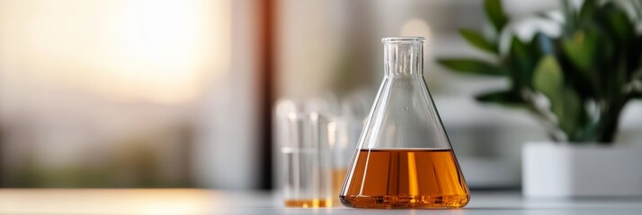 Aufkleber - Sleek Laboratory Visualization Glass Beakers and Tubes with Orange Solution on White Table - Cutting-Edge Scientific Documentation for Research and Analytical Innovation