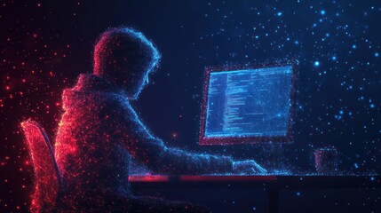 Hacker coding at night, digital particles.