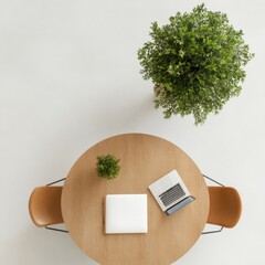 Poster - Minimalist Workspace Aesthetic Wooden Round Table with Laptop and Greenery - Collaborative Business Content for Modern Office and Creative Team Planning