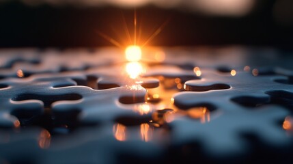 Poster - Contemporary Minimalist Puzzle Assembly Backlit Metal Puzzle Pieces Completing Strategic Connection - Business Innovation and Problem-Solving Visual Content for Professional Branding