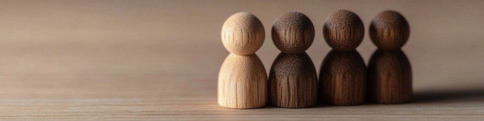 Poster - Minimalist Wooden Figurine Array Crafting Community and Unity Concepts for Social Media Branding and Collaborative Workspaces - Modern Marketing with Natural Aesthetic