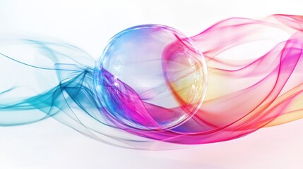 Wall Mural - Iridescent transparent bubble suspended in space, casting colorful reflections on a clean white background