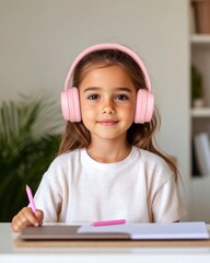 Poster - Chic Digital Learning Latina Girl, 10, with Pink Headphones and Notebook - Cozy Home Workspace Inspiring EdTech Innovators and Remote Education Solutions