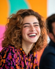 Poster - Vibrant Office Humor Middle Eastern Woman in Lively Workspace with Colorful Backdrop - Enhancing Team Morale and Diversity for Modern Business Success