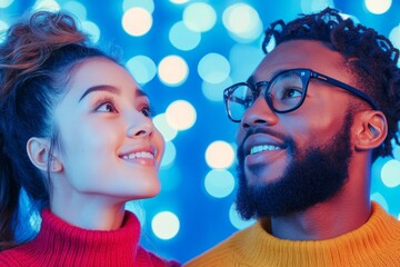 Poster - Vibrant Office Vibes Dynamic Portrait of Smiling Asian Woman and Black Man in Cozy Knits Amidst Illuminated Bokeh - Innovative Corporate Culture and Digital Campaigns