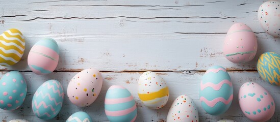 Pastel Easter eggs wood table spring