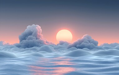 Wall Mural - A serene sunrise over calm waters, with soft, fluffy clouds illuminated by the golden sun, creating a tranquil and beautiful atmosphere.