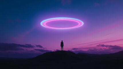 Aufkleber - Neon Sci-Fi Glam Silhouette Against UFO Glow in Electric Desert - Imagery for Futuristic Branding and Digital Marketing in Entertainment and Tech Industries