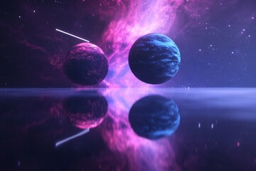 Aufkleber - Magenta-Cyan Sci-Fi Cosmos Reflective Surreal Planetary Scene for Digital Art and Futuristic Media - Marketing Visuals in Tech and Cultural Innovation