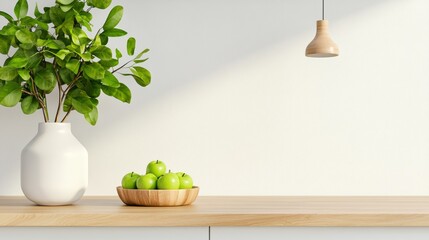 Aufkleber - Modern Minimalist Kitchen Styling White Cabinets with Light Wooden Accents and Fresh Decor - Perfect for Sustainable Home Design and Contemporary Interior Marketing