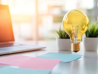 Poster - Contemporary Workspace Planning Vibrant Sticky Notes and Lightbulb on Desk for Strategic Business Idea Development - Creative Team Collaboration and Innovative Process Visualization