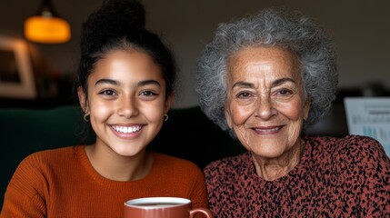 Poster - Intergenerational Tech Cheerful Latina Teen and Grandmother with Smartphone - Social Media Exploration in Cozy Home Setting for Cultural Connectivity and Modern Workplace Inclusion