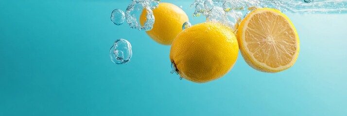 Poster - Vibrant Citrus Aesthetic Fresh Yellow Lemons with Water Bubbles on Aqua Background - Culinary Content Creation and Natural Flavor Promotion for Food Industry