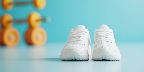Aufkleber - Modern Fitness Setup Minimalist White Sneakers with Vibrant Dumbbells on Blue Background - Active Lifestyle Marketing and Sports Equipment Promotion