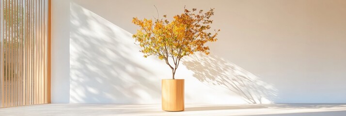 Poster - Minimalist Exhibition Display Natural Wooden Planter with Autumn Foliage - Sustainable Design for Modern Business Showcases and Green Networking Spaces
