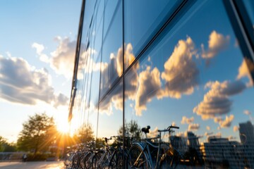 Poster - Contemporary Green Office Spaces Solar-Powered Glass Facade Reflecting Urban Skies and Bicycles - Eco-Friendly Design for Business Innovation and Sustainable Development