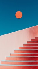 Leinwandbilder - Geometric Art Installation Minimalist Coral Stairs with Orange Sphere Against Blue Sky - Contemporary Architectural Design and Visual Merchandising Inspiration