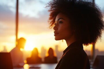Poster - Sunlit Office Scene African Descent Woman Leading Inclusive Presentation with Natural Elements - Modern Corporate Team Dynamics and Diversity Training Content
