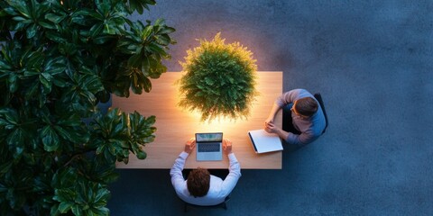 Leinwandbilder - Biophilic Office Collaboration Wooden Desk with Greenery and Laptop in Modern Workspace Enhancing Productivity and Well-being in Professional Business Environments