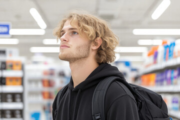 Wall Mural - A young man with a backpack and a beard is standing in a store