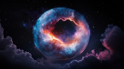 Poster - Vivid Celestial Vision Surreal Cosmic Collage with Swirling Galaxy and Radiant Nebula - Astrophysics Inspiration for Tech-Infused Design and Space-Themed Marketing