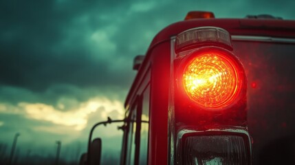 Wall Mural - A close-up view of a red emergency siren on a fire truck, shining bright against a cloudy sky 