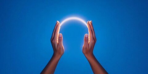 Fototapete - Modern Collective Energy Digital Fusion Hands Enclosing Light Halo, Seamless Collaboration in Tech Industry - Illuminated Gradient Background for Innovative Teamwork Visualization
