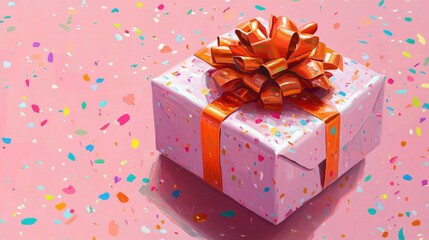 Wall Mural - Pink gift box with orange bow and confetti.