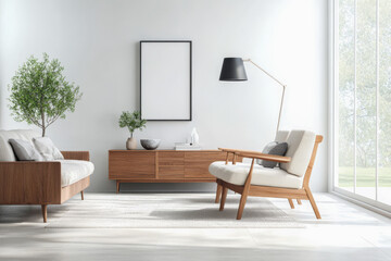 Wall Mural - Modern living room with minimalist furniture and natural light in a cozy setting