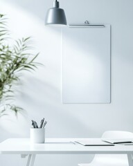 Aufkleber - Minimalist Workspace Design Sleek Desk and Clipboard with Potted Plant in Natural Light - Ideal for Creative Industry and Modern Office Aesthetic