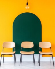 Aufkleber - Bright Contemporary Classroom Design Wooden Chairs Against Bold Geometric Chalkboard Wall - Minimalist Learning Environment and Dynamic Educational Studio Inspiration