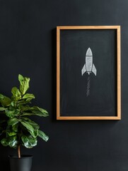 Aufkleber - Mid-Century Classroom Chalkboard Aesthetic Wooden Frame with Rocket Drawing - Inspiring Educational Content for Modern Learning Spaces and Professional Development Visuals