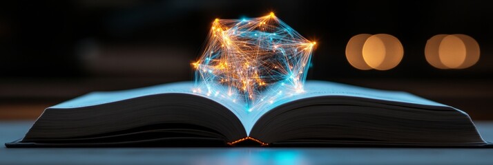 Fototapete - Futuristic Knowledge Hub Abstract Digital Network Over Open Book - Illuminated Conceptual Design for Innovative Publishing and Interactive Education Solutions