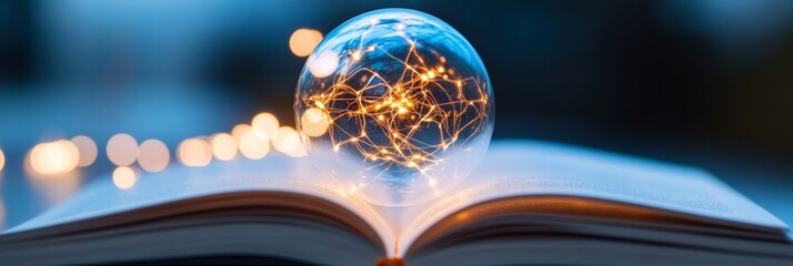 Leinwandbilder - Futuristic Literary Connection Abstract Globe of Lights on Open Book - Innovative Educational Design for Digital Storytelling and Knowledge Sharing Platforms