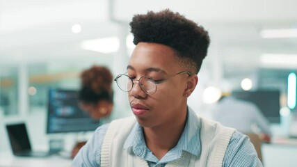 Poster - Programmer, it support and man on computer for coding research, project or cybersecurity update. Glasses, system and developer on technology for web development, programming and building software
