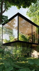 Aufkleber - Elevated Glass Retreat in Lush Forest Modern Architectural Design with Reflective Facades and Greenery - Sustainable Residential Concepts and Eco-Friendly Living Solutions